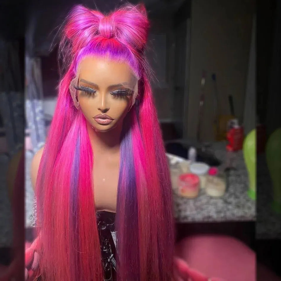 Purple with Pink Highlight Wigs Human Hair Straight HD Lace Frontal Wig