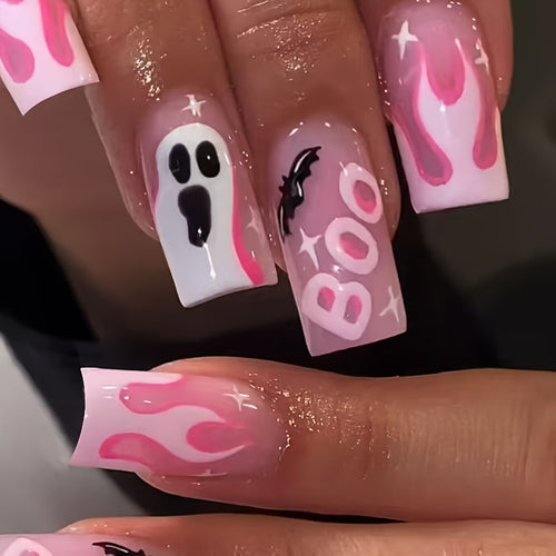 Halloween Pink Bat Boo Letter Press On Nails