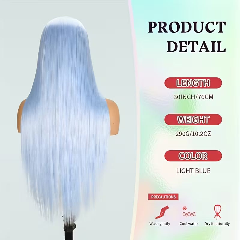 4x1 Lace Front Wig Middle Part - Blue Straight Synthetic Hair