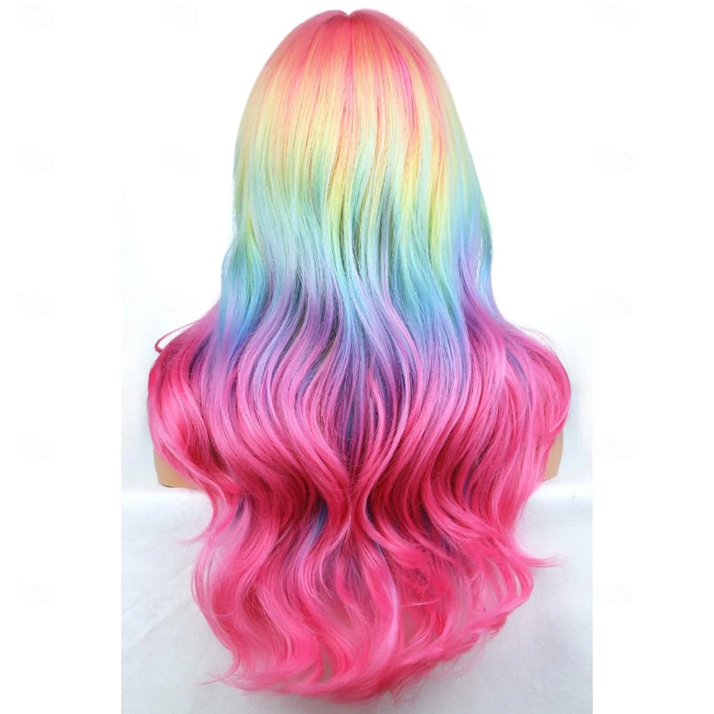 HAIRJOY Synthetic Hair Rainbow Ombre Wigs Long Wavy Wig for Women with Bangs Colorful Ombre Costume Curly  Wigs