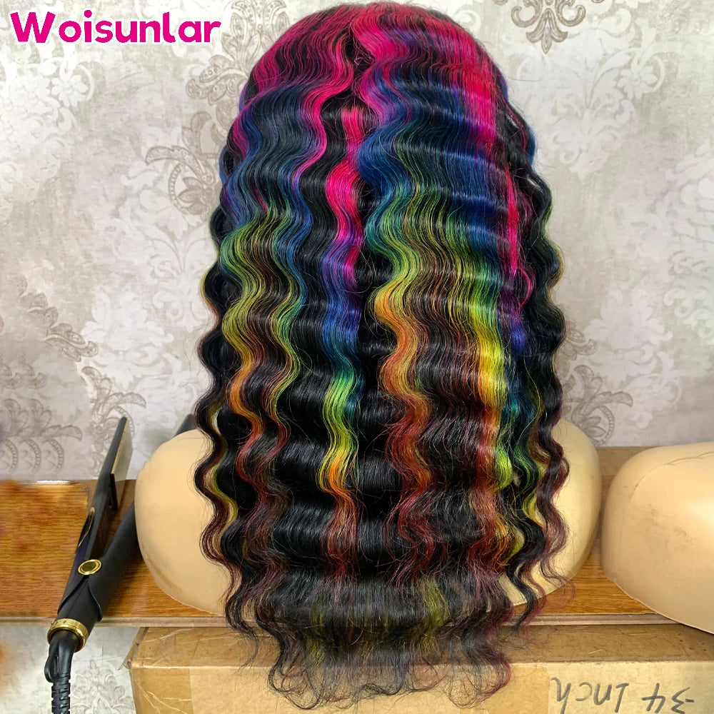Highlight Pink Blue Yellow Red Lace Front Human Hair Wigs Deep Wave for Women 13x6 13x4 Transparent Lace Human Hair Wigs 100%
