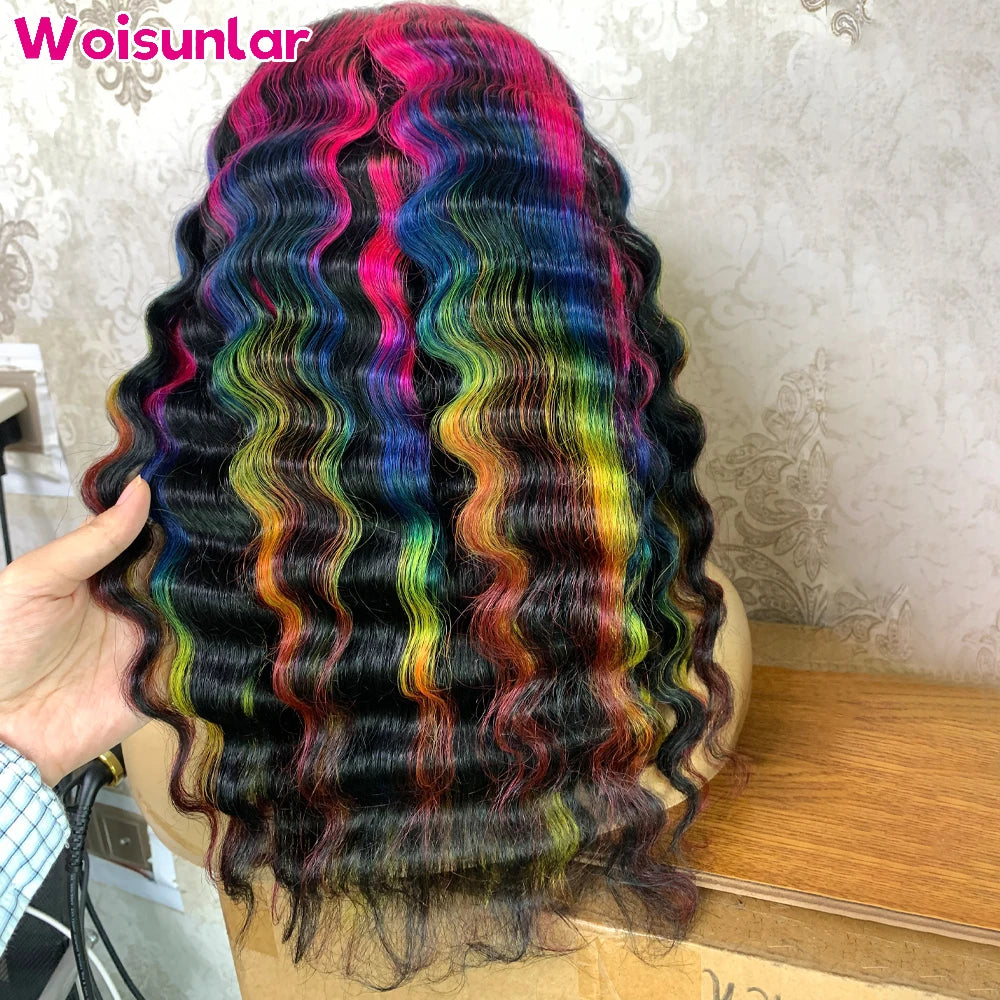 Highlight Pink Blue Yellow Red Lace Front Human Hair Wigs Deep Wave for Women 13x6 13x4 Transparent Lace Human Hair Wigs 100%