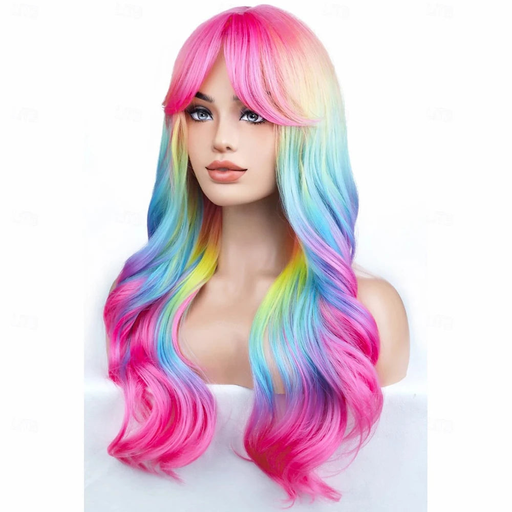 HAIRJOY Synthetic Hair Rainbow Ombre Wigs Long Wavy Wig for Women with Bangs Colorful Ombre Costume Curly  Wigs