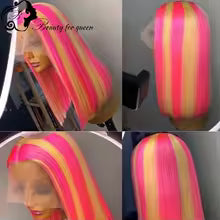 Pink and yellow highlighted straight bob lace front human hair wig, 200% density.