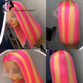 Pink and yellow highlighted straight bob lace front human hair wig, 200% density.