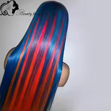 Blue and red highlighted straight lace front wig on mannequin head, 200% density Brazilian human hair.