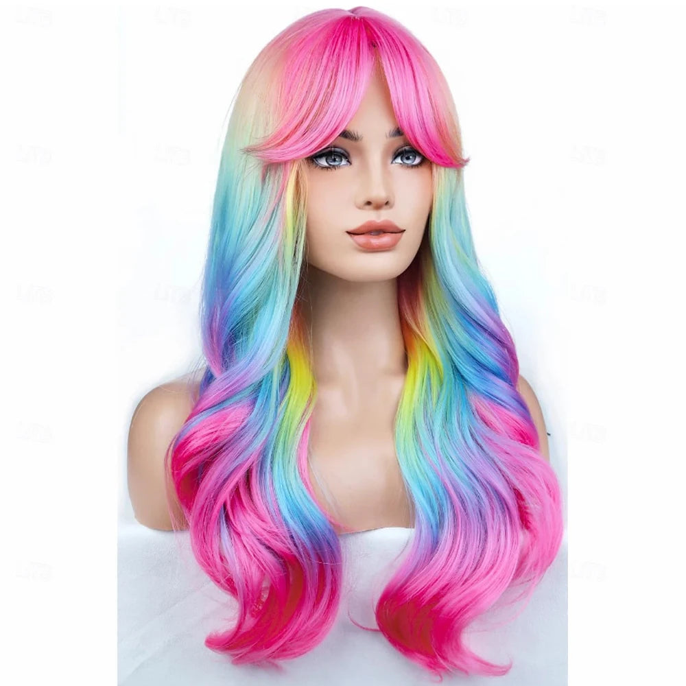 HAIRJOY Synthetic Hair Rainbow Ombre Wigs Long Wavy Wig for Women with Bangs Colorful Ombre Costume Curly  Wigs