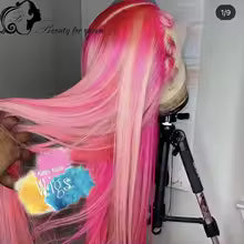 Long straight wig with pink, blonde highlights on mannequin stand; 13x4 lace front, 200% density human hair.