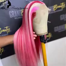 Pink highlight straight lace front wig on mannequin head, long silky Brazilian human hair.