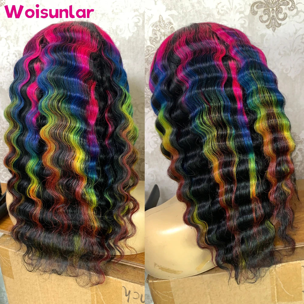 Highlight Pink Blue Yellow Red Lace Front Human Hair Wigs Deep Wave for Women 13x6 13x4 Transparent Lace Human Hair Wigs 100%