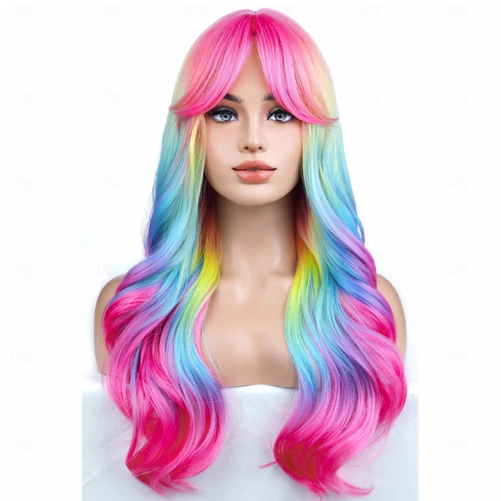 HAIRJOY Synthetic Hair Rainbow Ombre Wigs Long Wavy Wig for Women with Bangs Colorful Ombre Costume Curly  Wigs