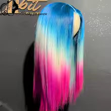 Blue-to-pink ombre straight human hair lace front wig, 200% density, highlighted rainbow tones.