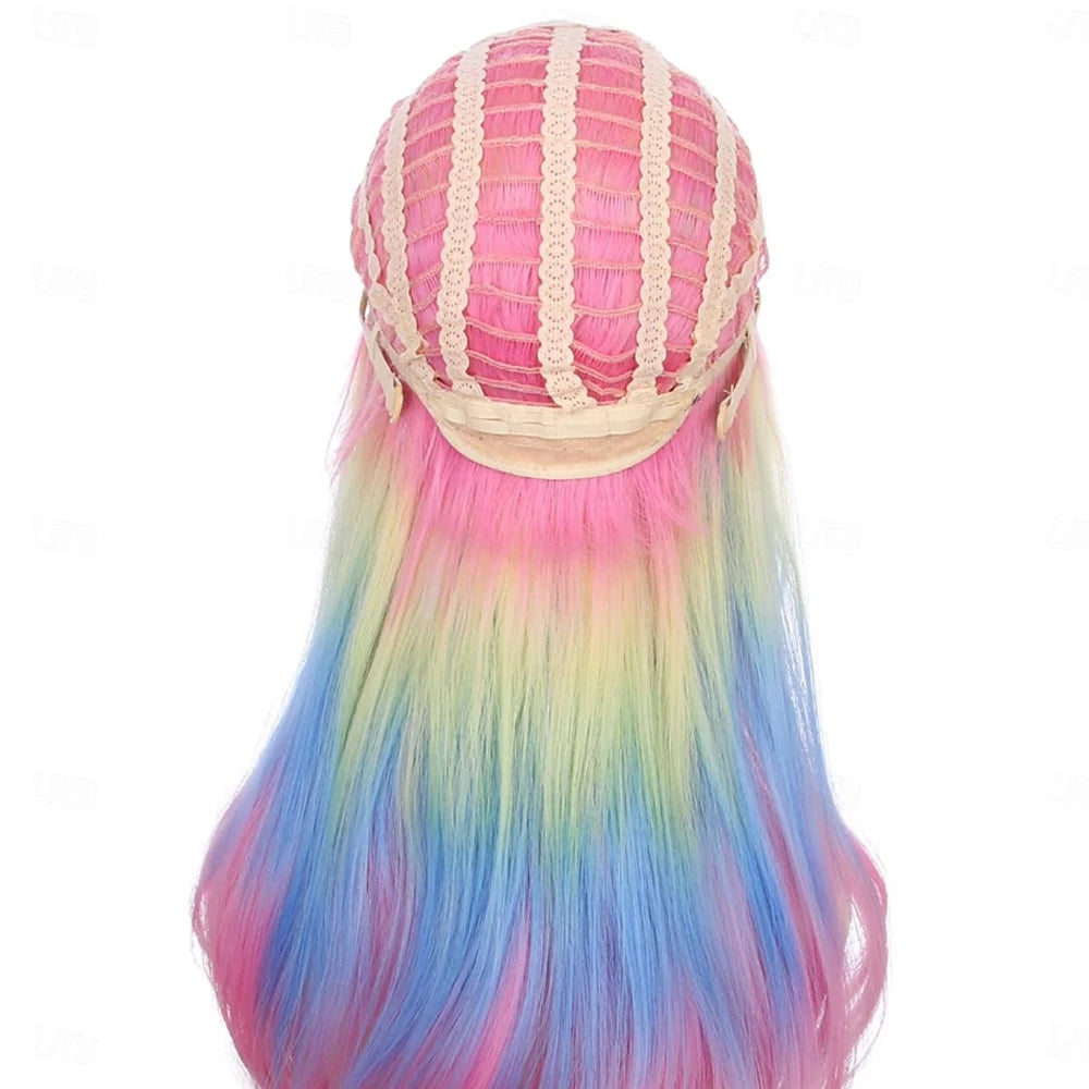 HAIRJOY Synthetic Hair Rainbow Ombre Wigs Long Wavy Wig for Women with Bangs Colorful Ombre Costume Curly  Wigs