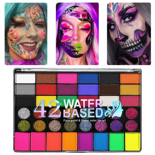 42-Color Water-Activated Face & Body Paint Palette | UV Fluorescent Festival Makeup