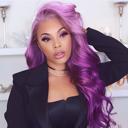 26" Long Wavy/Curly Synthetic Wig with Gradient Purple Color (150% Density)