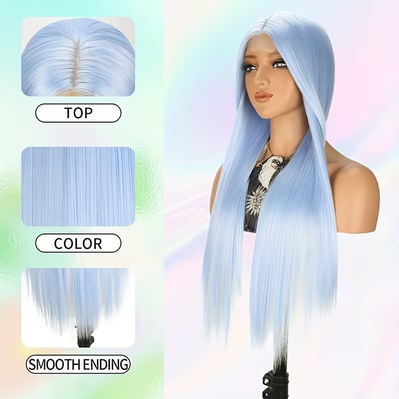 4x1 Lace Front Wig Middle Part - Blue Straight Synthetic Hair