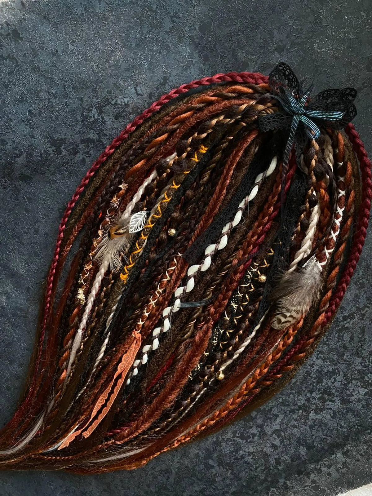 Boho Braided Dread Extensions Set, BrownOmbre Synthetic Dreads with Feathers, Viking hair accessories.