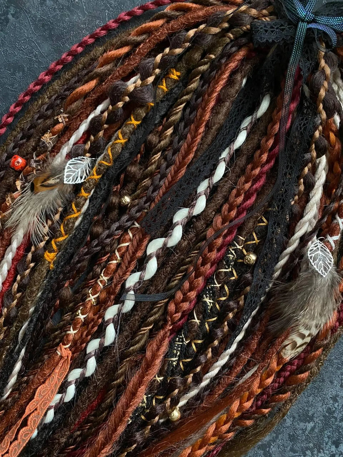 Boho Braided Dread Extensions Set, BrownOmbre Synthetic Dreads with Feathers, Viking hair accessories.