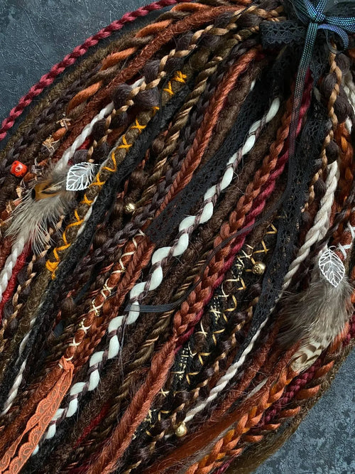 Boho Braided Dread Extensions Set, BrownOmbre Synthetic Dreads with Feathers, Viking hair accessories.