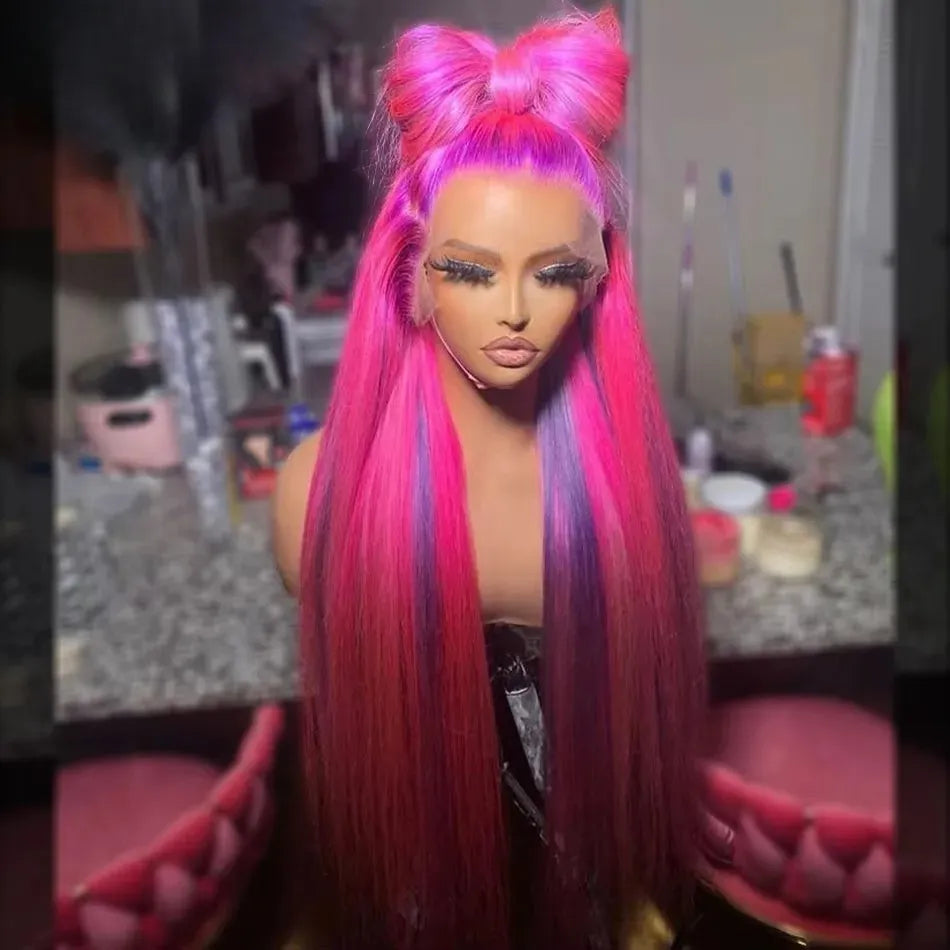 Purple with Pink Highlight Wigs Human Hair Straight HD Lace Frontal Wig