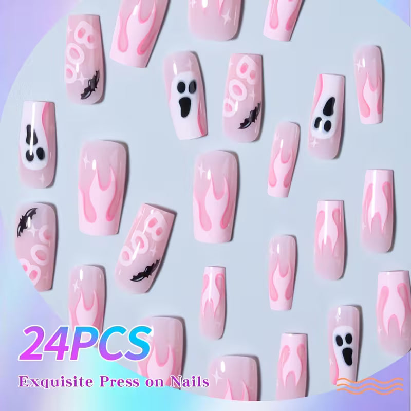 24pcs Long Coffin Press On Nails - Halloween Party Cosplay Pink Bat Boo Letter Gradient Flame False Nails