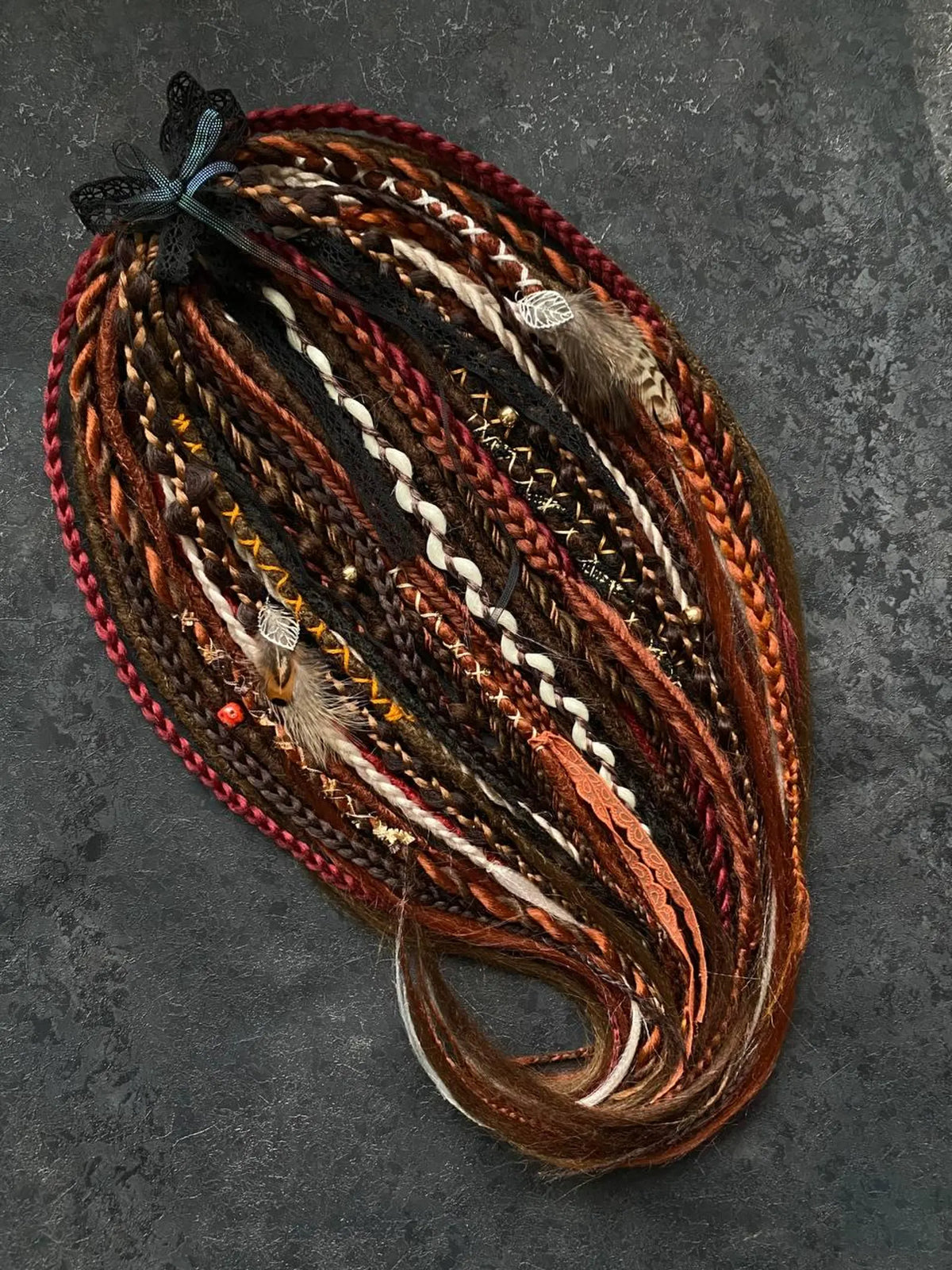 Boho Braided Dread Extensions Set, BrownOmbre Synthetic Dreads with Feathers, Viking hair accessories.