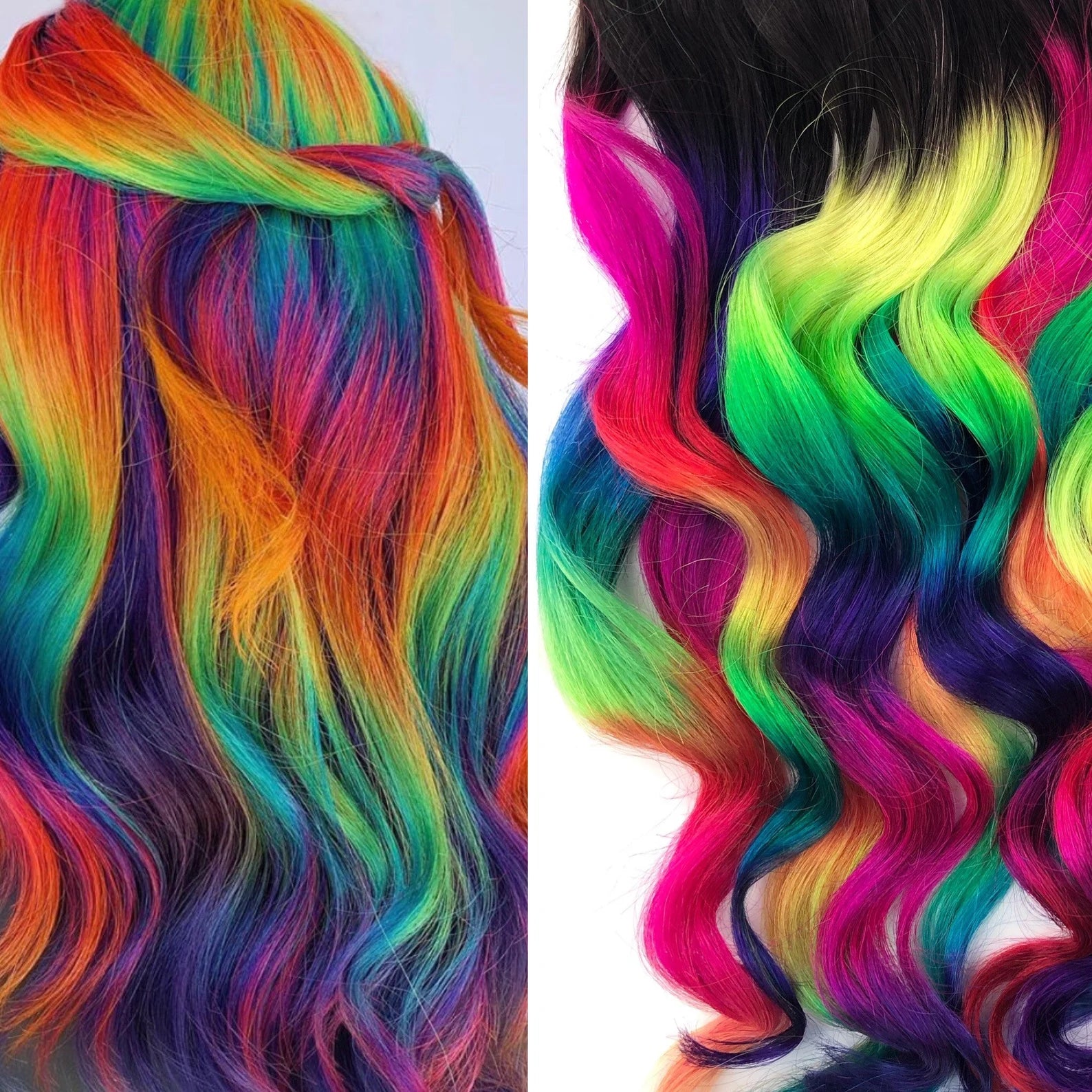 Vibrant rainbow clip-in hair extensions with neon pink, green, yellow, blue, purple, and orange ombre waves.
