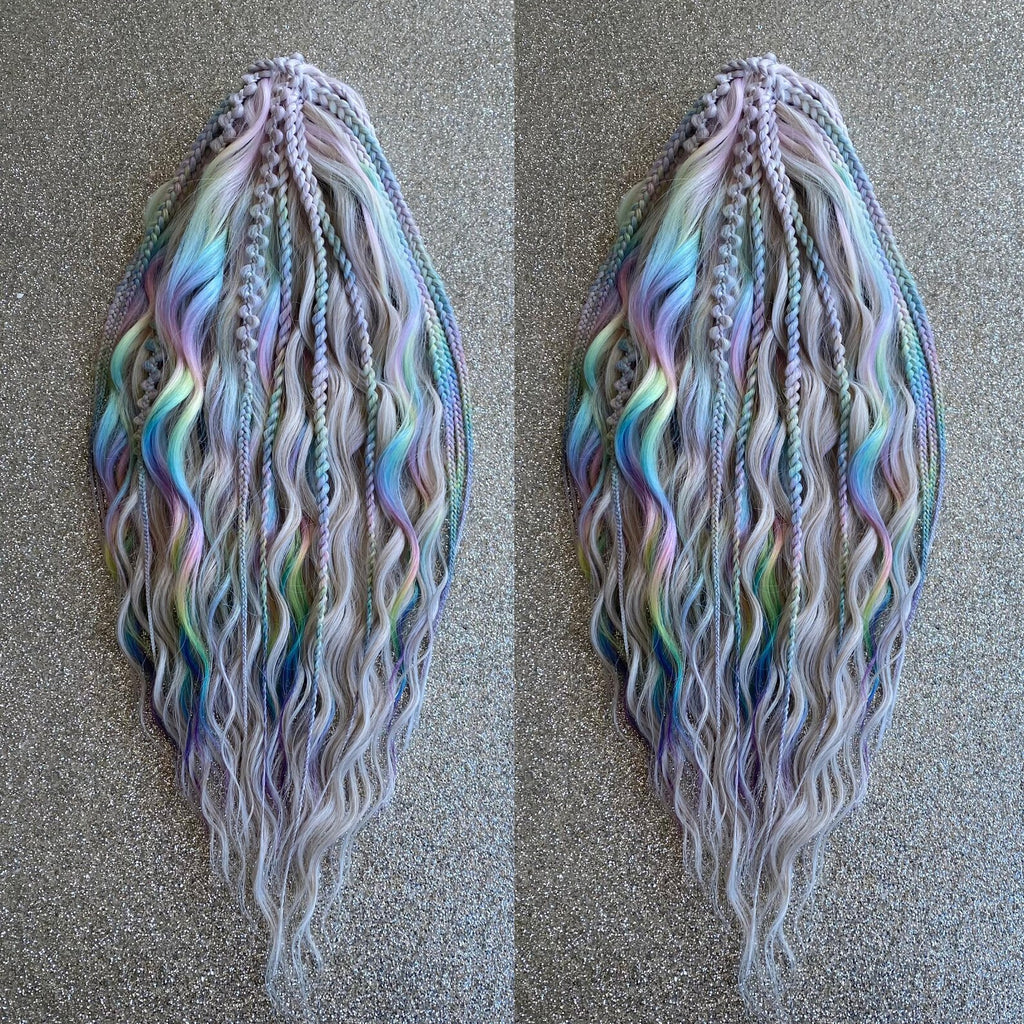 Synthetic Pastel Rainbow Brushable Wavy Dreadlock Hair Extensions