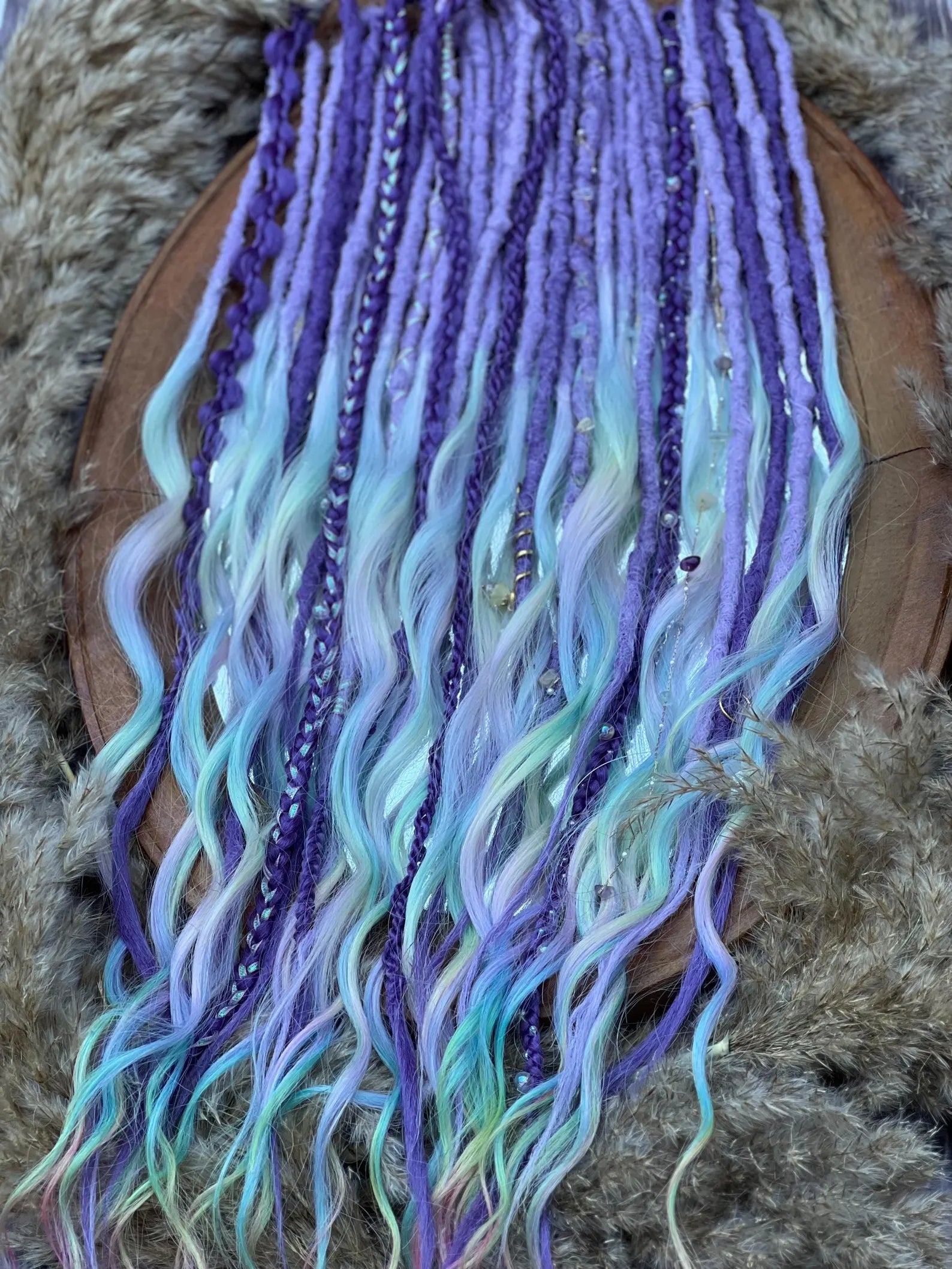Purple Synthetic dreadlocks with long rainbow brushable ends and braids