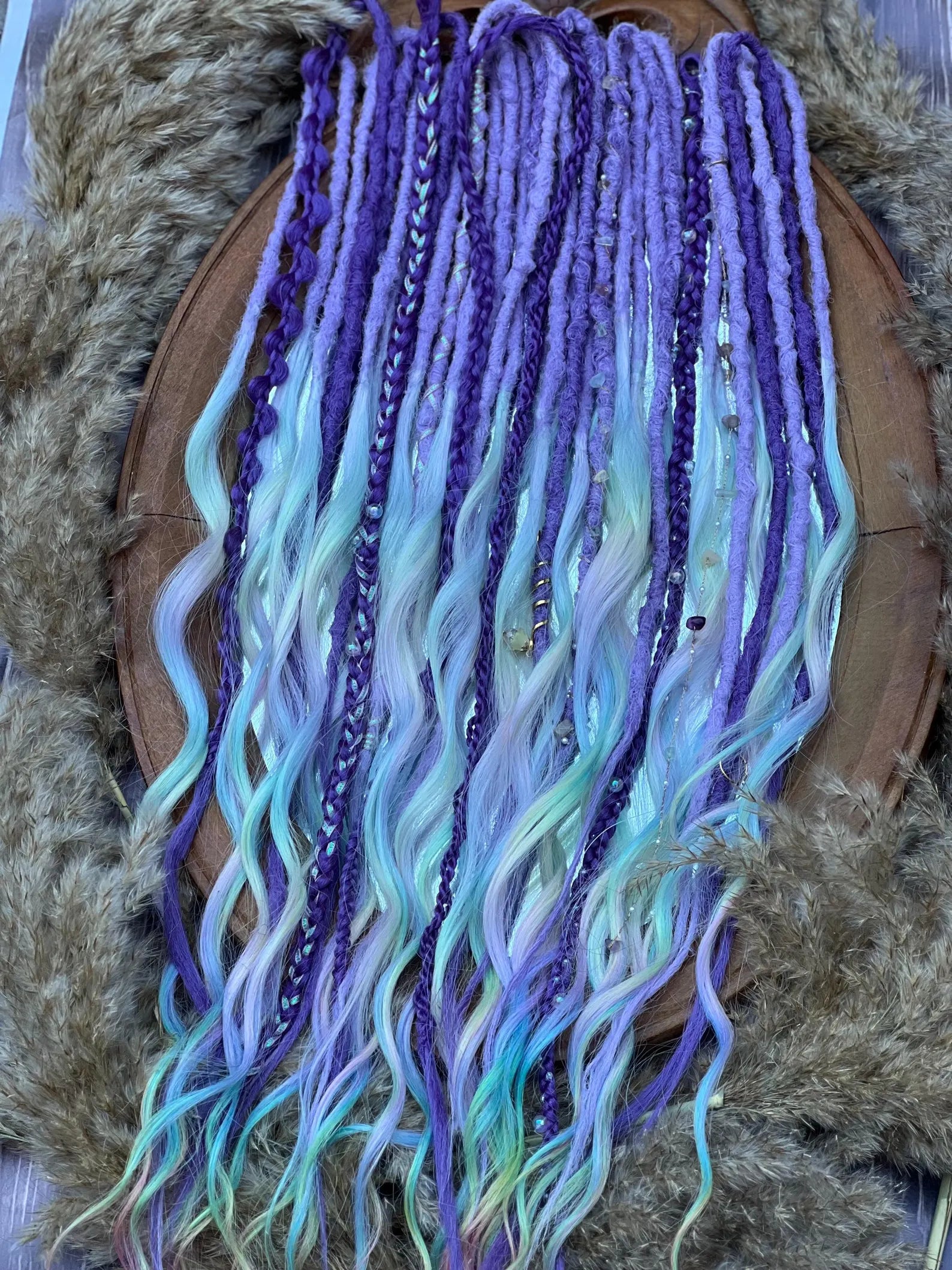 Purple Synthetic dreadlocks with long rainbow brushable ends and braids