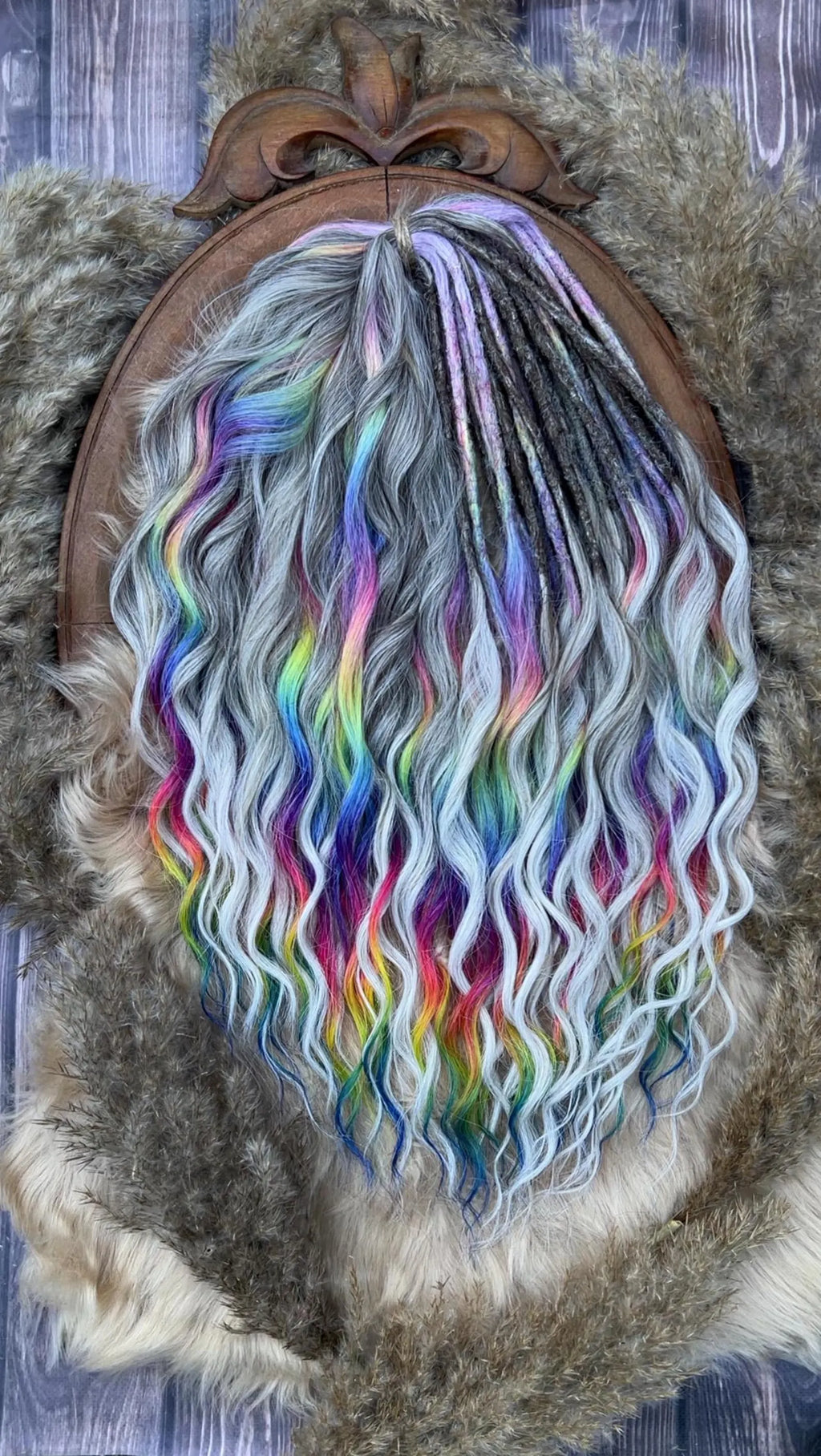 Grey and Rainbow Brushable Dreaded Curls with Glitch Accents – Anna Curls