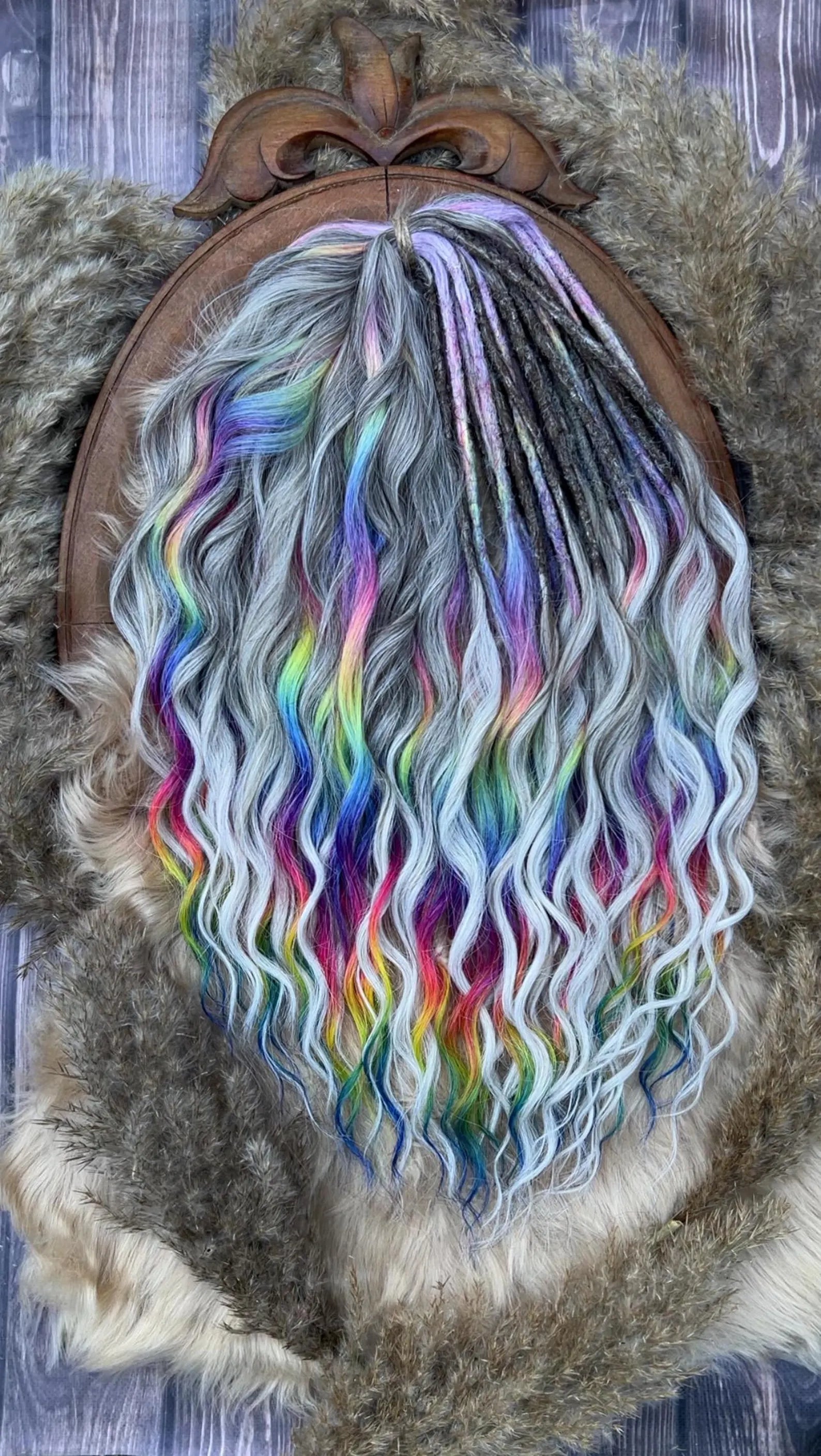 Grey and Rainbow Brushable Dreaded Curls with Glitch Accents – Anna Curls