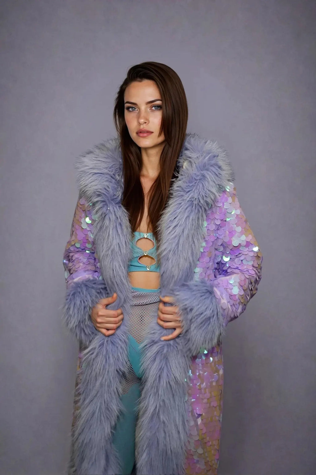 ZEPHYR Purple Sequin Kimono Jacket | Faux Fur Festival Coat | Rave & Burning Man