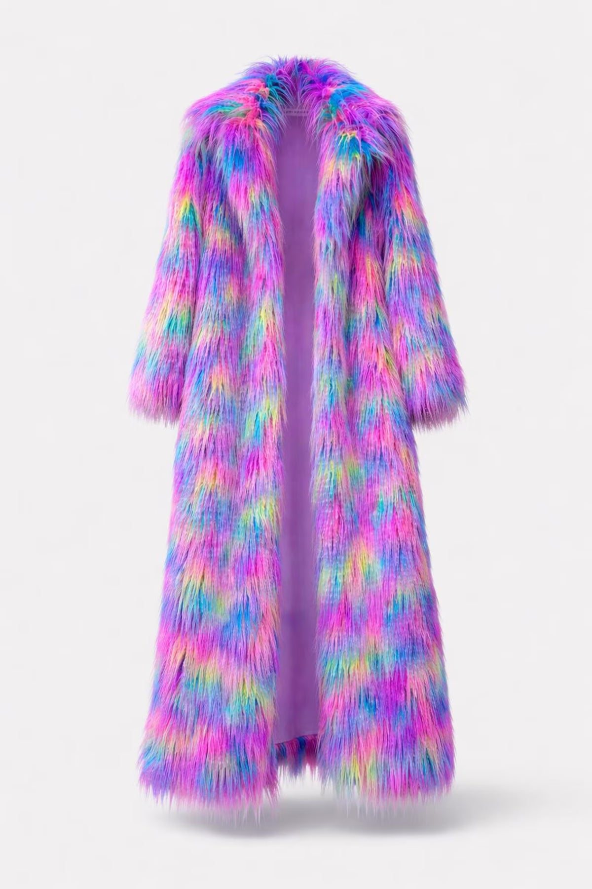 Candy Faux Fur Long Coat, Psychedelic Tie-Dye Burning Man Festival Jacket, Neon Rave Outfit