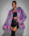 Candy Faux Fur Long Coat, Psychedelic Tie-Dye Burning Man Festival Jacket, Neon Rave Outfit