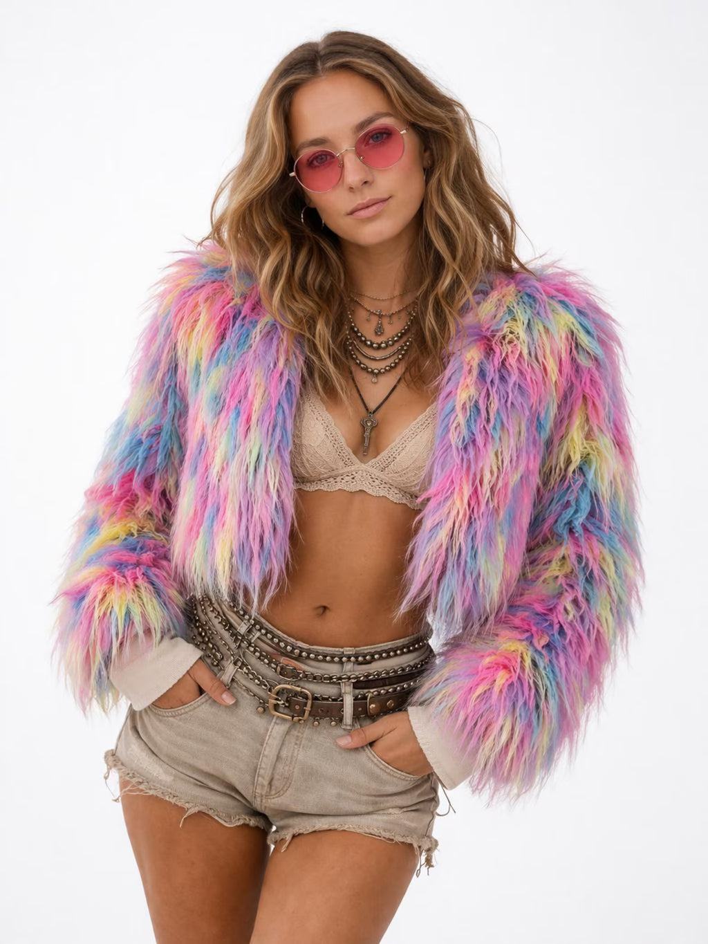 Candy Faux Fur Long Coat, Psychedelic Tie-Dye Burning Man Festival Jacket, Neon Rave Outfit