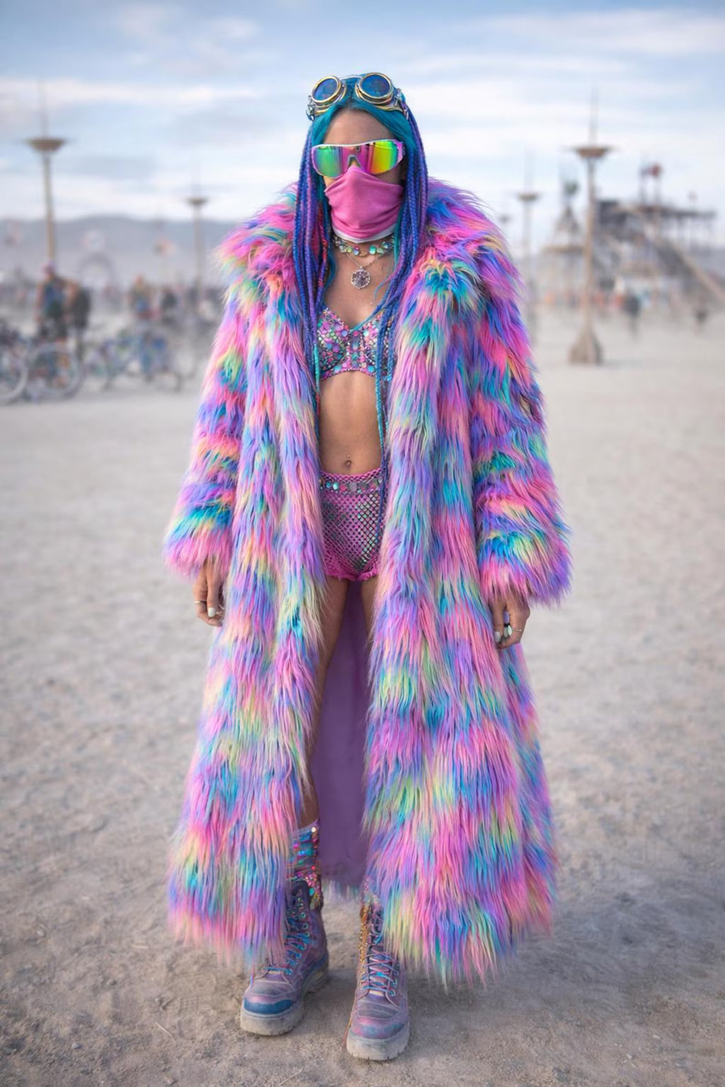 Candy Faux Fur Long Coat, Psychedelic Tie-Dye Burning Man Festival Jacket, Neon Rave Outfit