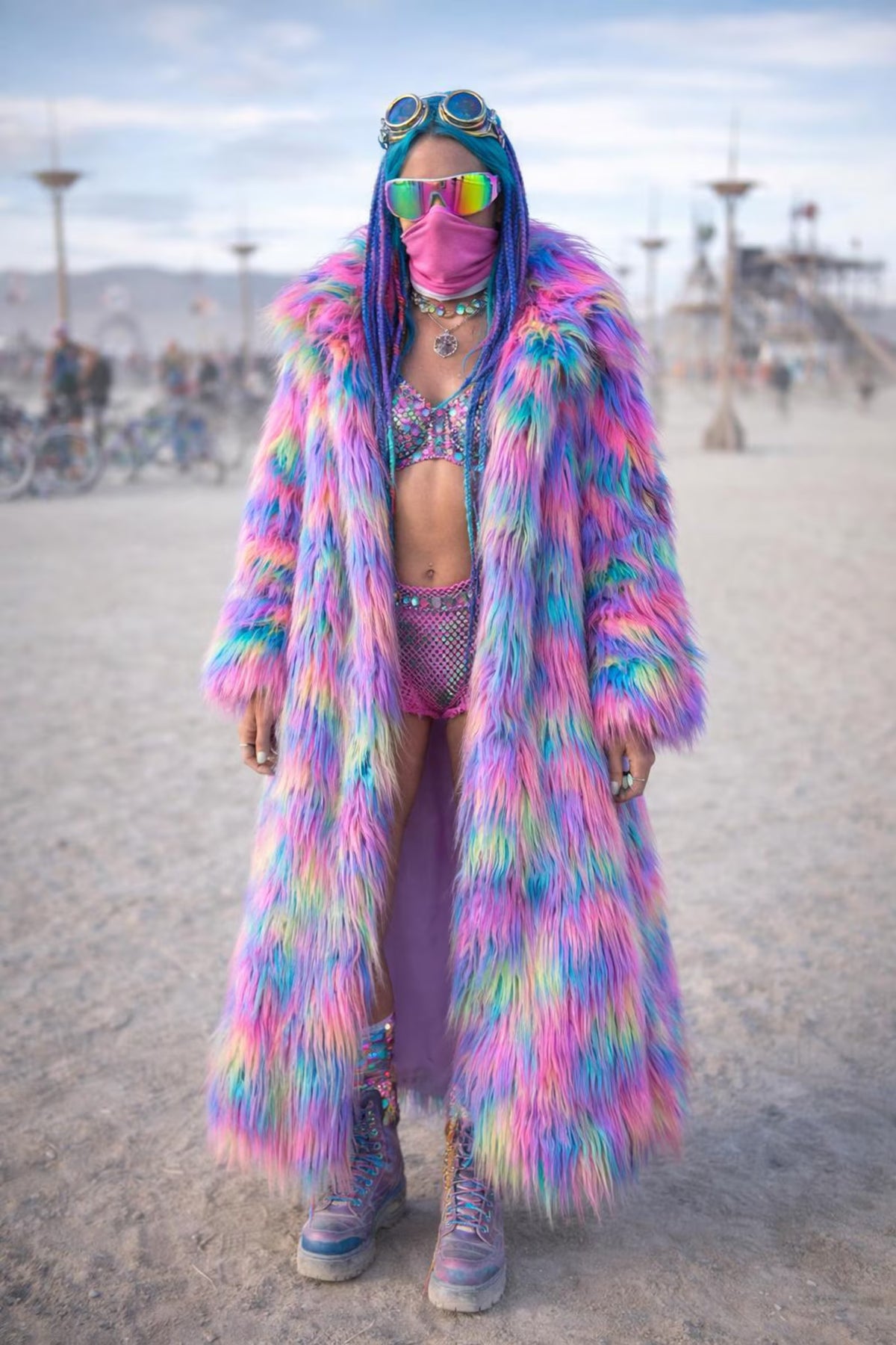 Candy Faux Fur Long Coat, Psychedelic Tie-Dye Burning Man Festival Jacket, Neon Rave Outfit