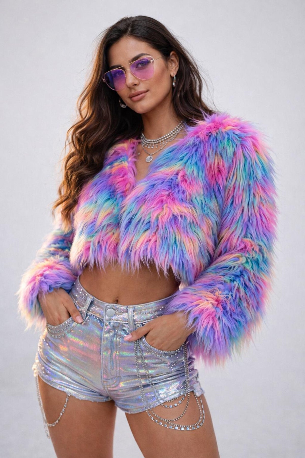 Candy Faux Fur Long Coat, Psychedelic Tie-Dye Burning Man Festival Jacket, Neon Rave Outfit