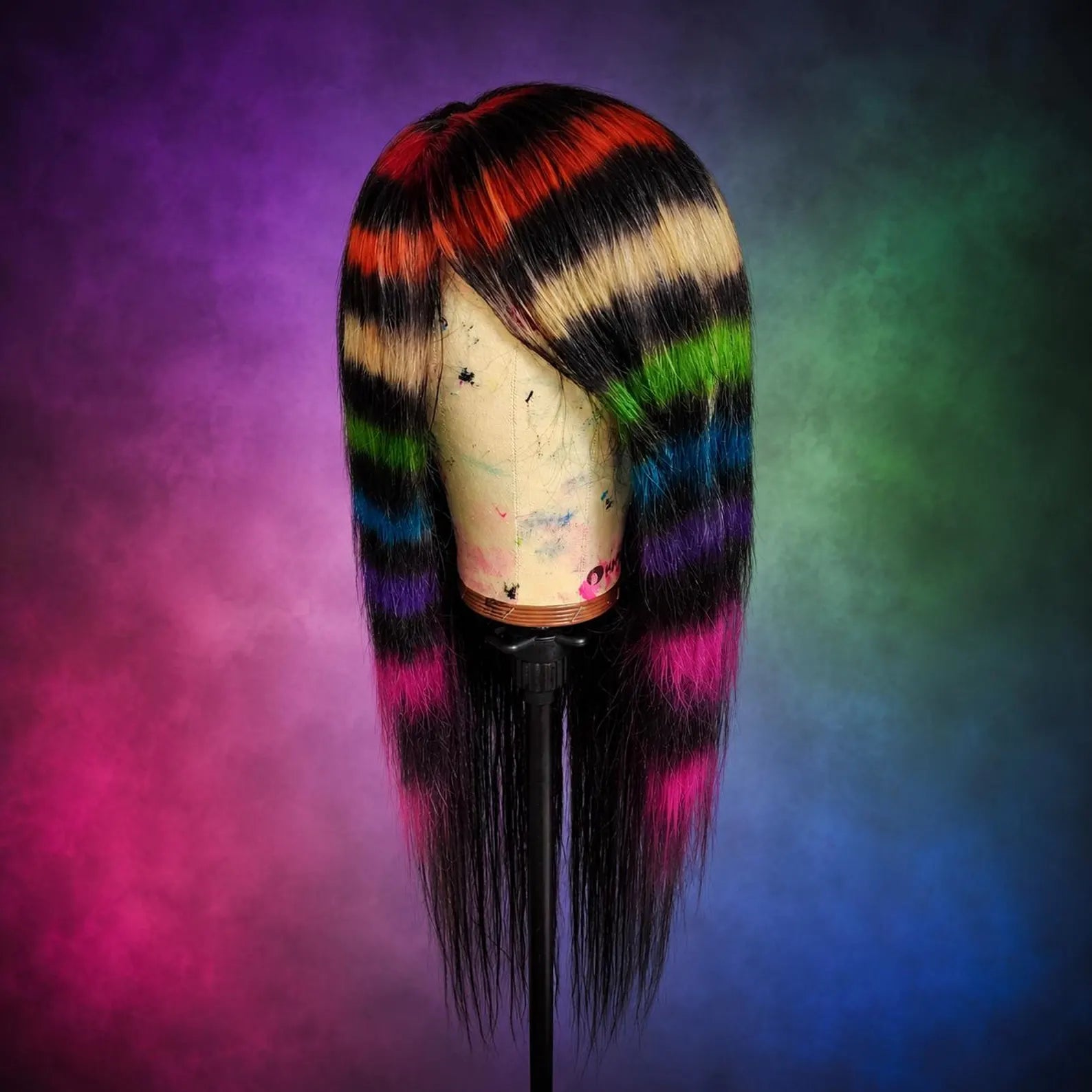 Rainbow Stripe Human Hair Scene Wig, 24 Inch Lace Front