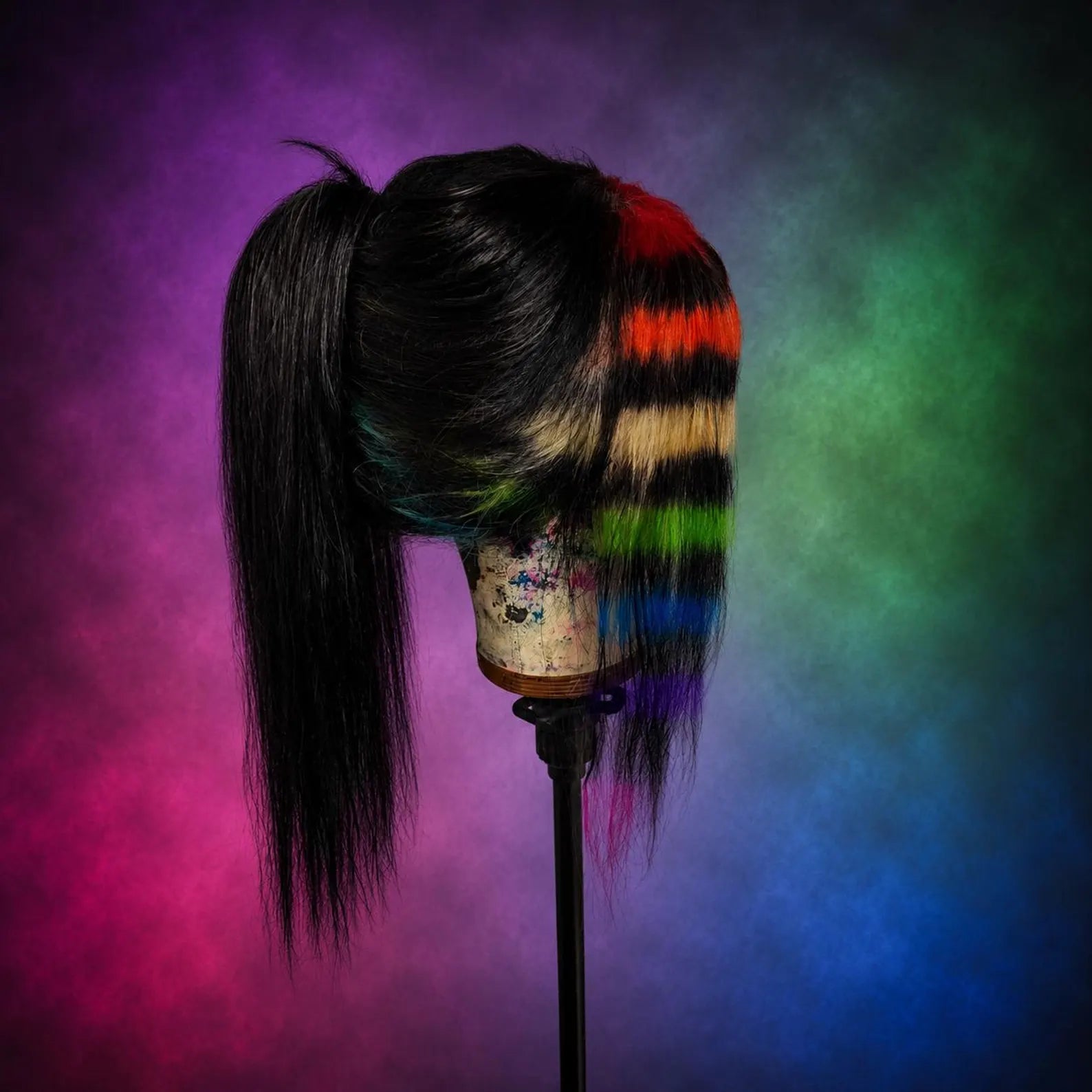 Rainbow Stripe Human Hair Scene Wig, 24 Inch Lace Front