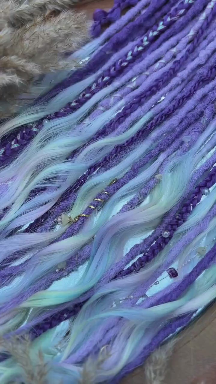 Purple Synthetic dreadlocks with long rainbow brushable ends and braids