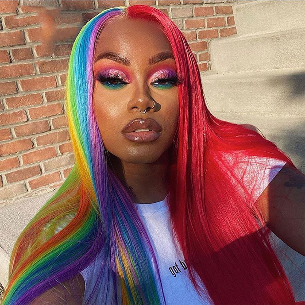 Rainbow Multi-colored Human Hair Wigs Unicorn Lace Front Wig