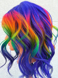 100% Human Hair Lace Front 14 Inch Rainbow Wig Purple Roots